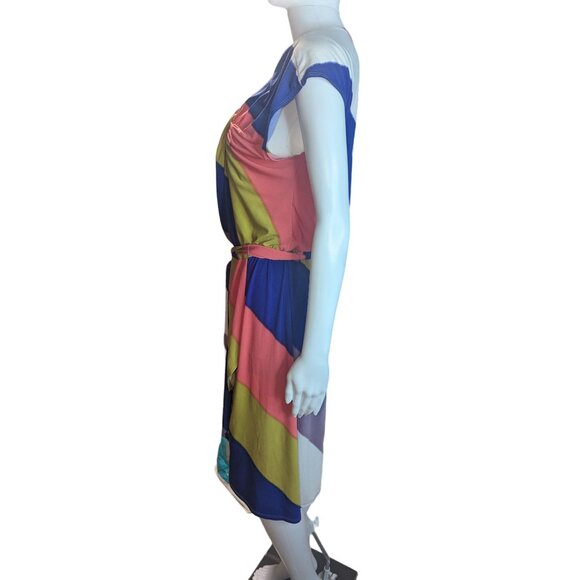 maxandcleo Retro Faux Wrap Striped Dress Ruching Detailing Modest Stretchy sz M - Picture 4 of 9